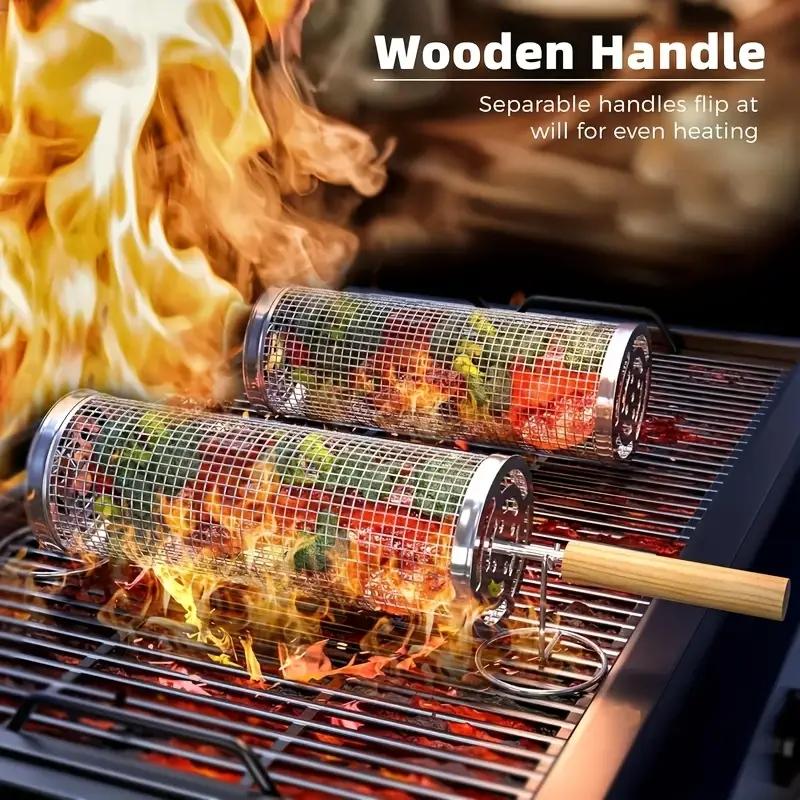 Outdoor Camping Cooking Set - Edelstahl BBQ-Grillkorb, Runder Rollender Zylinderkäfig, Drahtgeflecht