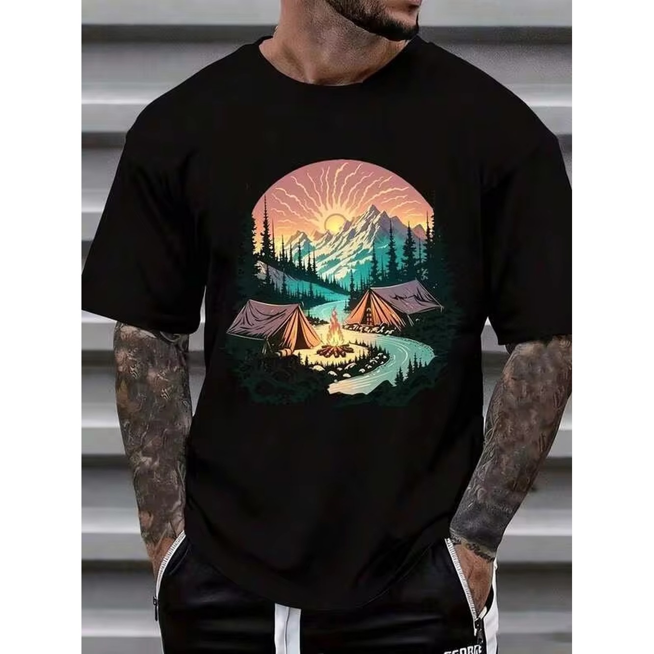 Outdoor Camping Adventures - Camping Berglandschaft Sonnenuntergang Grafik-T-Shirt Outdoor-Abenteuer Natur-Landschaftsdruck